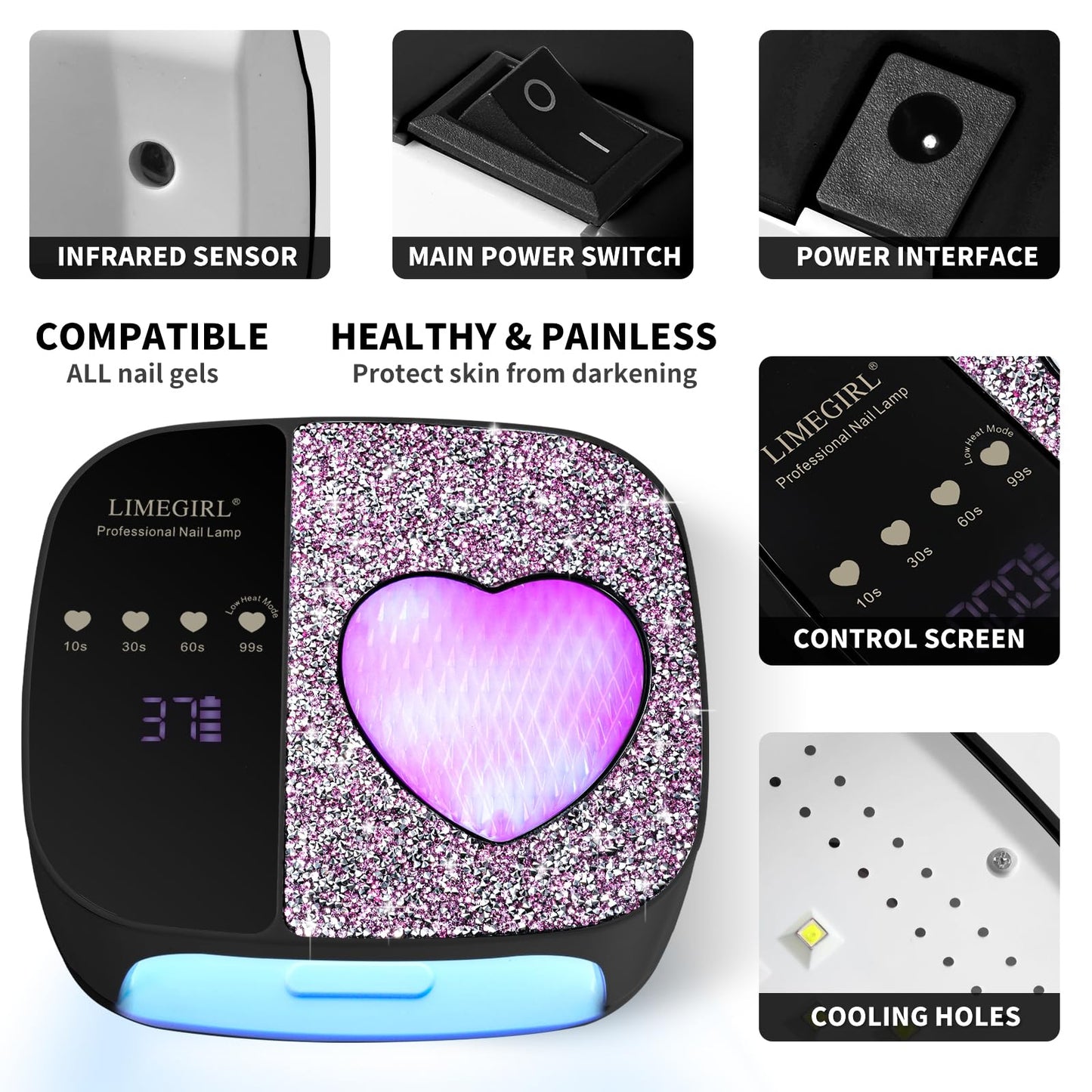 LIMEGIRL UV LED Nail Lamp Kit for Gel Polish Professional Fast Curing Black Dryer Light Set with 4 Timer Settings Cordless Rechargeable Nail Art Cure Machine for Manicure Pedicure at Home and Salon