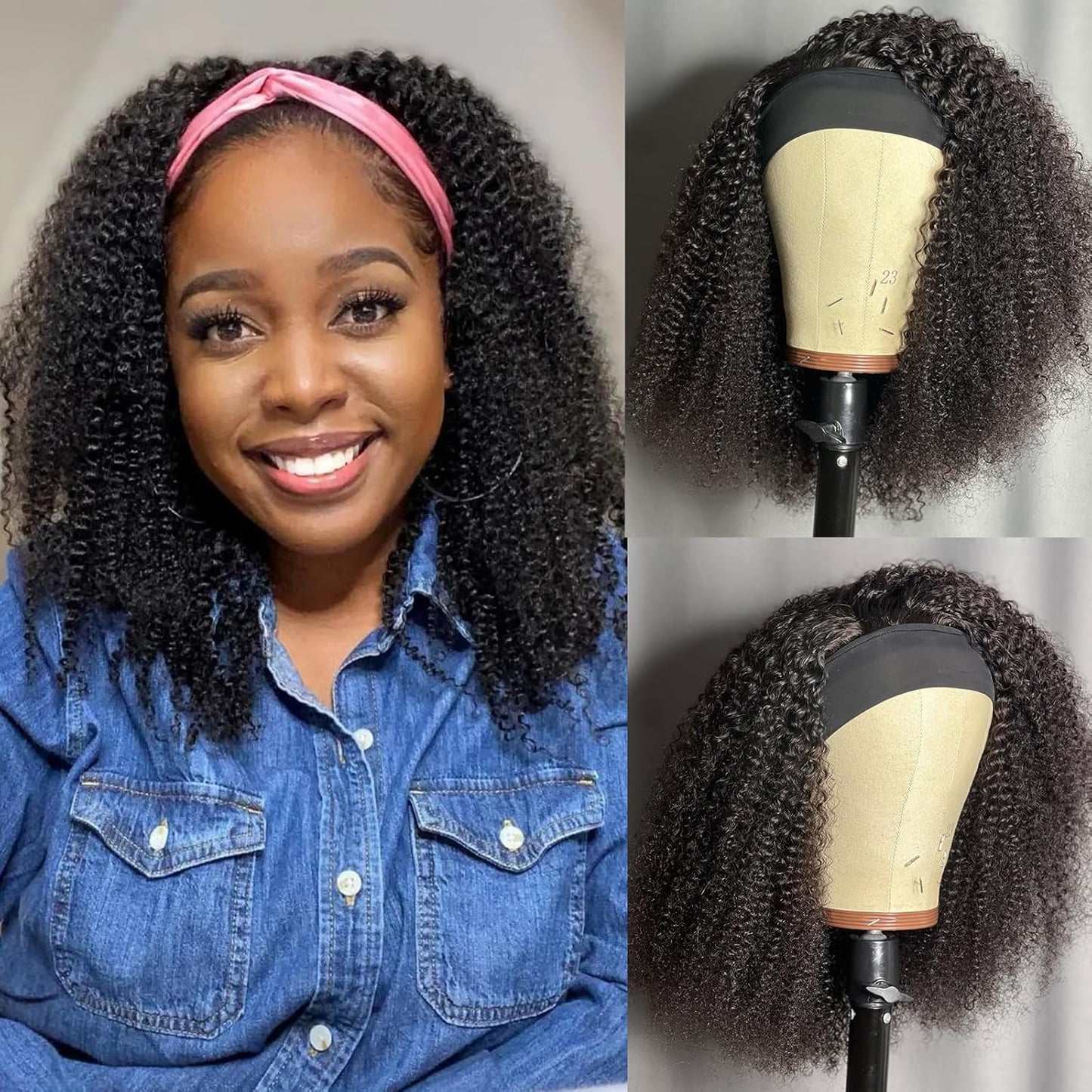 Headband Wig Human Hair Kinky Curly Glueless Wigs 12 Inch Natural Black