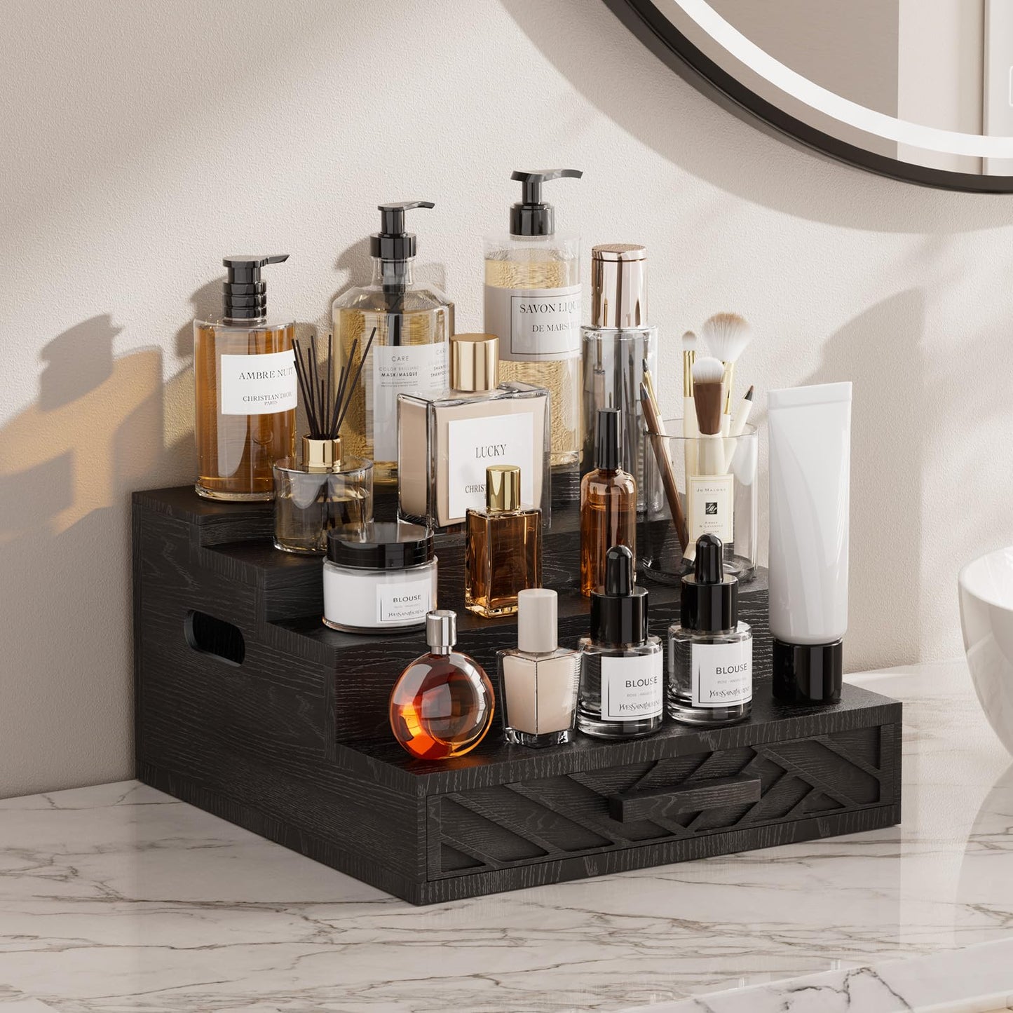 Wood Cologne Organizer for Men,12 Inch Black Cologne Stand with Drawer and Hidden Compartment Perfume Organizer for Dresser,Wooden Display Risers Stand for Perfume Makeup,Figures,A Gift for Men