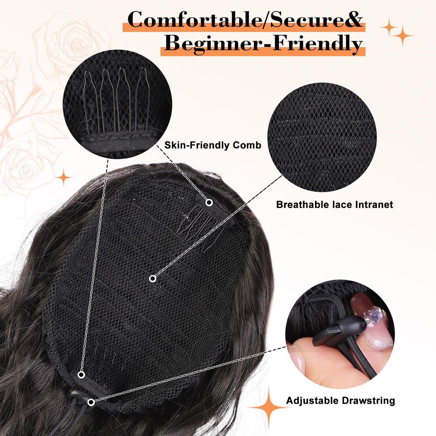 Stamped Glorious Black Ponytail Extension-22 Inch Long Body Wave Pony Tail Hair Extension,Drawstring Ponytail for Women,Synthetic Hair Extension Ponytail(Color:Black)