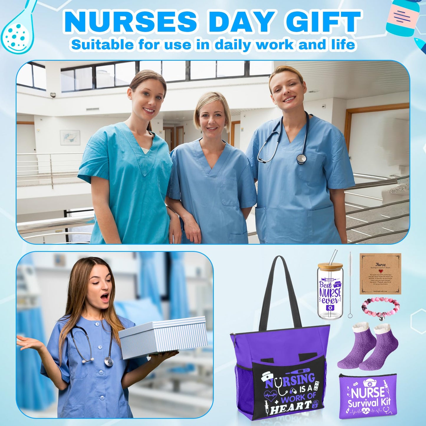 Yetene 5 Pcs Nurse Gifts for Women Tote Bag Makeup Bag 16 oz Glass Cup Bracelets Sock Gift Graduation Female(Purple,Nurse)