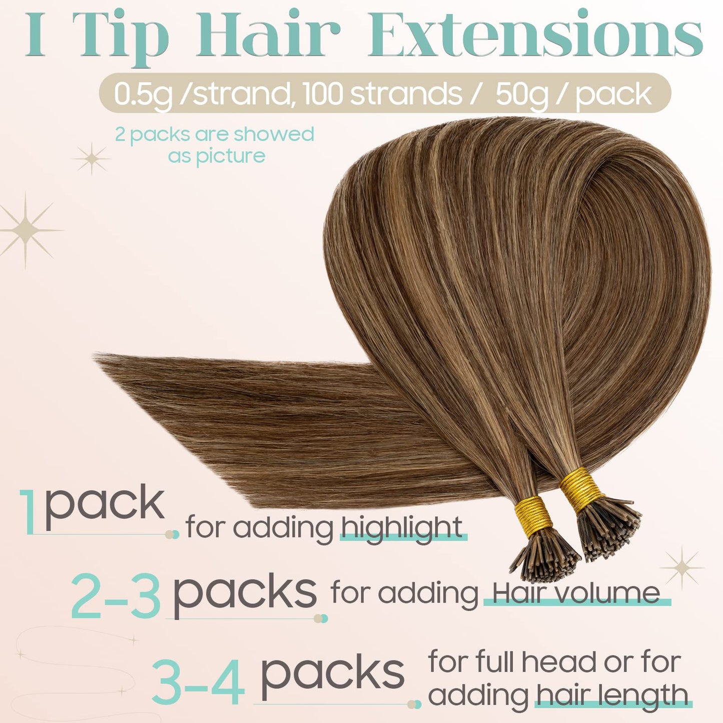 S-noilite Pre bonded I Tip Human Hair Extension for Women 100Strands 50Gram Fusion Stick Tip Remy Human Hair Piece Invisible Keratin Glue K Tip 16Inch #4P27 Medium Brown highlight Dark Blonde