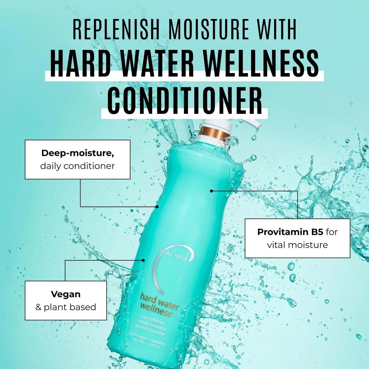 Malibu C Hard Water Wellness Hair Conditioner - Sulfate Free Conditioner that Increases Moisture & Shine - Protects Hair from Waterborne Elements (33.8 oz)