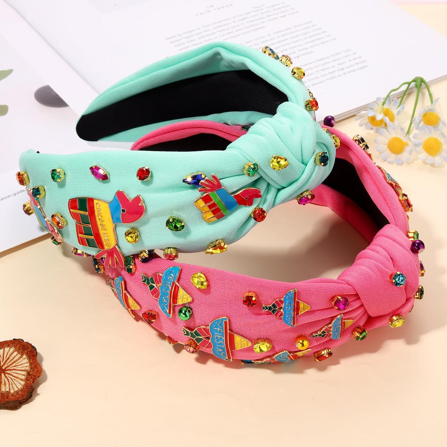 CEALXHENY Jeweled Mexican Headbands for Women, 2PCS Wide Top Knot Headband with Chili Pepper Charms, Fiesta Party Accessories, Cinco De Mayo Gifts (White, Hot Pink)