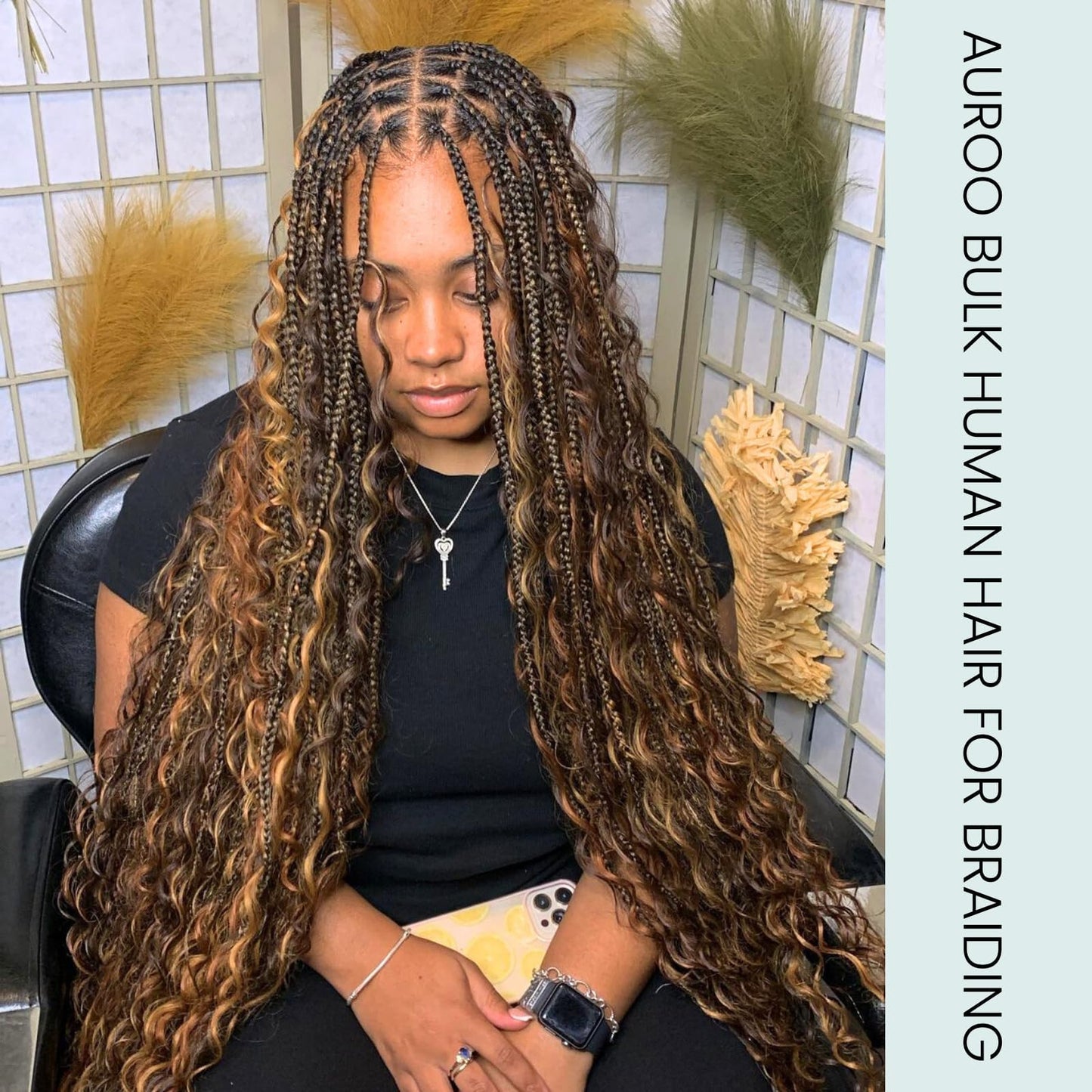 AUROO Braiding Hair P4/27 Honey Blonde Highlight Deep Wave Bulk Human Hair For Braiding 100g, 12A No Weft Virgin Ombre Brown Bundles Wet n Wavy Curly Micro Braiding Hair For Boho Knotless Braids 16 in