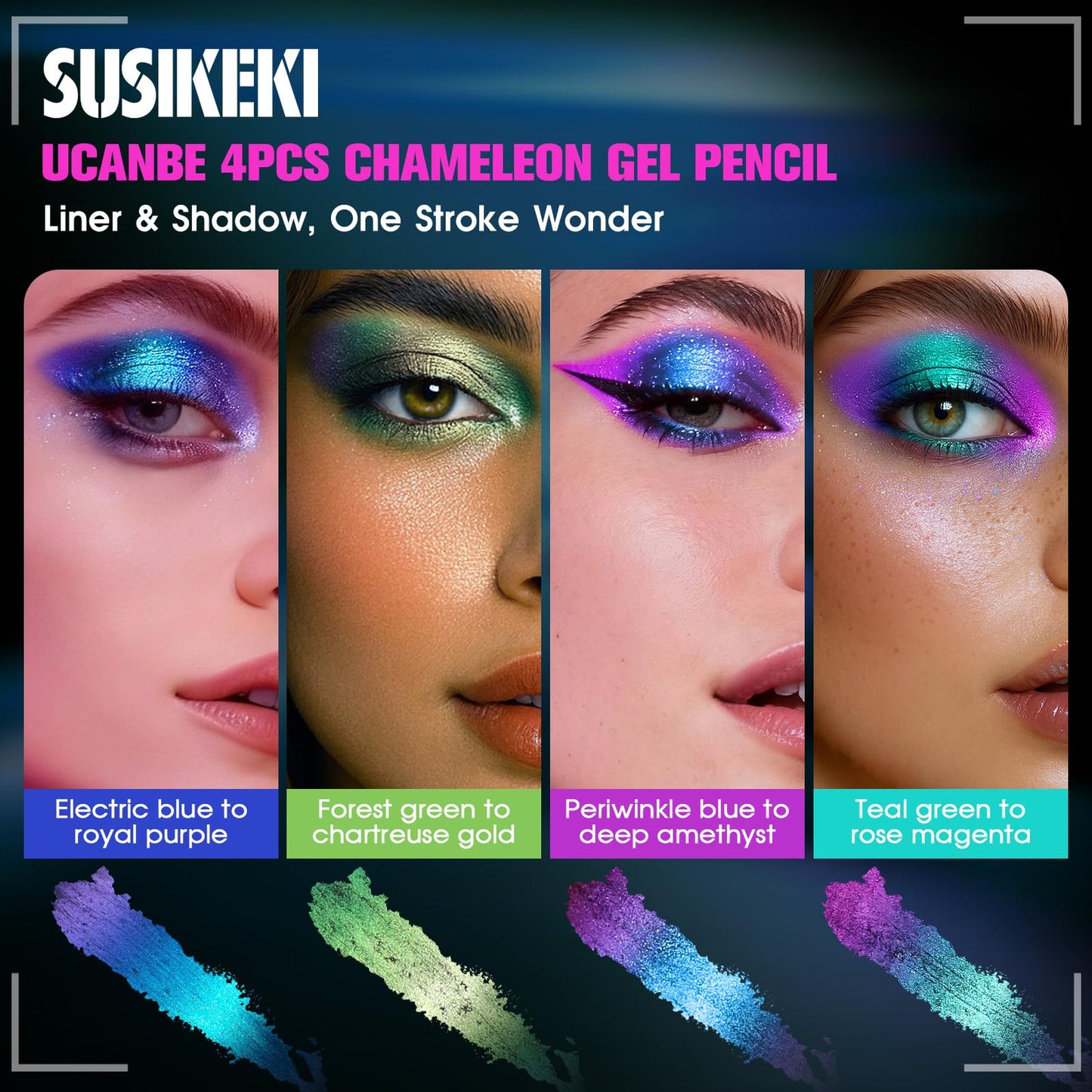 SUSIKEKI 4PCS Chameleon Metallic Eyeshadow & Eyeliner Gel Pencil Set – Multichrome Shifting Colors Glitter Eye Makeup, Waterproof Long-Lasting Smudge-Proof Duochrome Pencil for Multi-Dimensional Looks