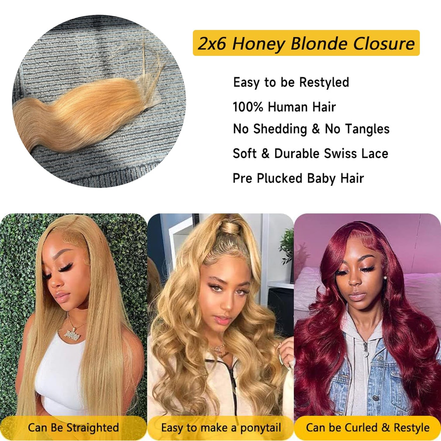 2x6 HD Lace Honey Blonde Closure 100% Human Hair Body Wave 150% Density Deep Parting KIM K #27 Color Lace Closure Middle Part Pre-Plucked 10 Inch