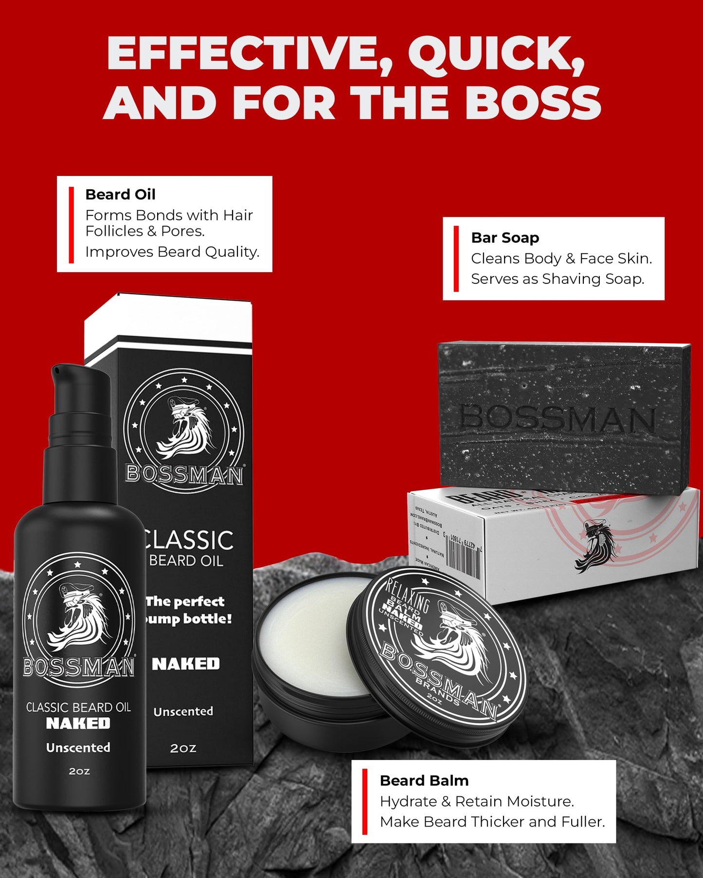 Bossman Starter Beard Kit for Men – Dad Gift for Father's Day, Beard Oil (2 oz), Beard Balm & Bar Soap – Natural & Organic Grooming Kit – Made in the USA Men Gift Set (Naked – Unscented)