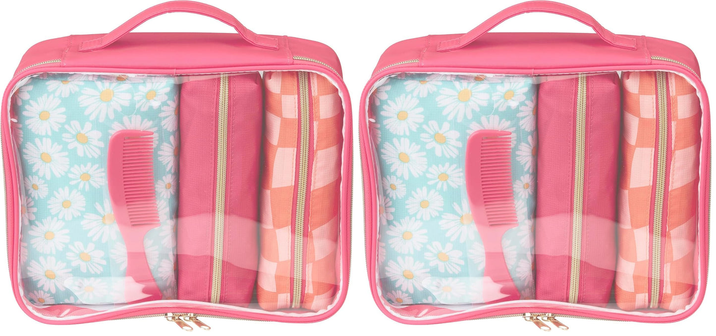 Conair 5 Piece Toiletry and Cosmetic Bag Set Under $30, Includes 4 Makeup Bags and 1 Travel Comb in Pink and Daisy Prints (Pack of 2)