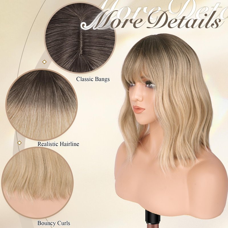 FESHFEN Shoulder Length Wigs with Bangs - Ombre Blonde Natural Looking Wavy Medium Length Synthetic Hair Bob Wig for Women Daily Party Use, 14 inch