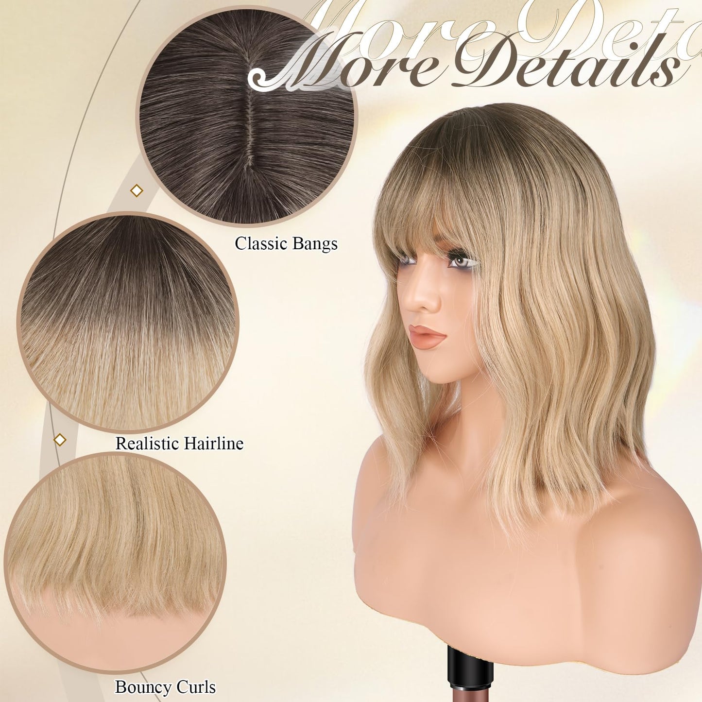 FESHFEN Shoulder Length Wigs with Bangs - Ombre Blonde Natural Looking Wavy Medium Length Synthetic Hair Bob Wig for Women Daily Party Use, 14 inch