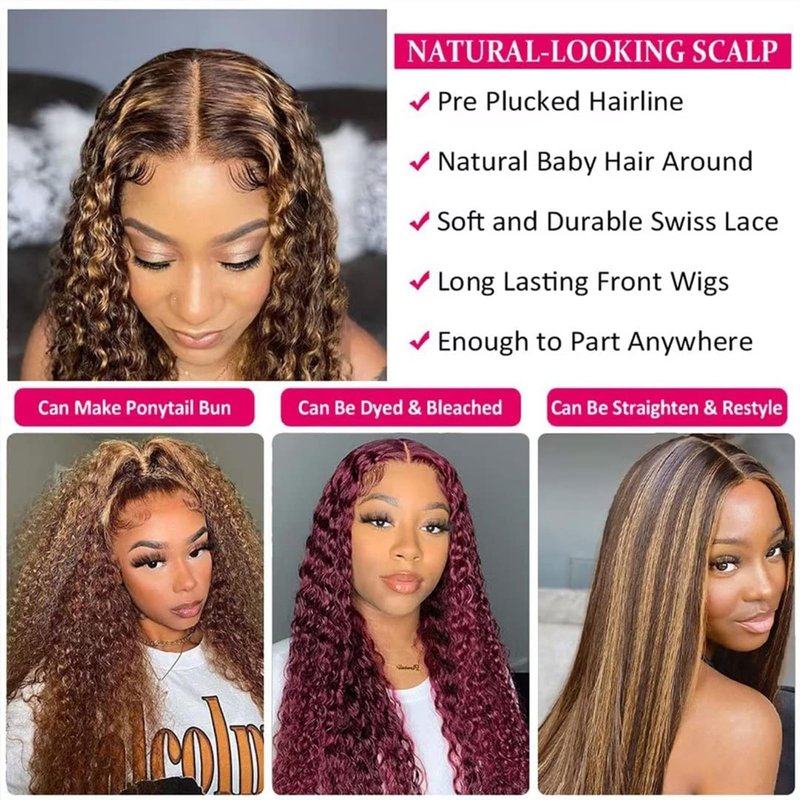 Labamiya P430 Curly Wave Human Hair Wig Highlight Brown Lace Frontal Wigs 28 Inch Human Hair Wig Color P430 Pre Plucked Pre Cut Glueless Wigs Elastic Band 200% Density