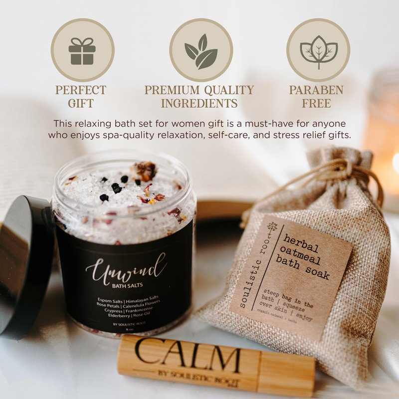 SOULISTIC ROOT Revitalizing Bath Gift - Premium Self-Care Bath & Body Set with Lavender Oatmeal Soak, Tranquil Essential Oil Roller, Epsom Salt Soak, Home Spa Kit, Ready-to-Gift Box