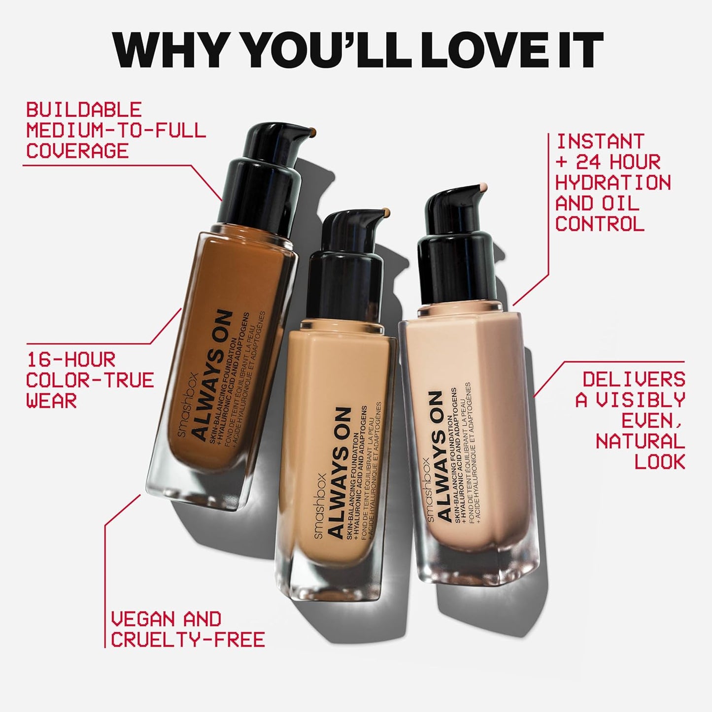 Smashbox Always On Skin-Balancing Foundation - Medium-To-Full Coverage with Hyaluronic Acid | Natural Second-Skin Finish, 1 Fl Oz