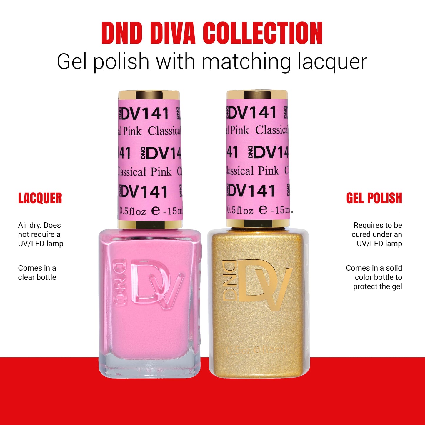 DND Diva Gel Polish Set, Soda Poppin Collection, UV/LED Gel Polish and Air Dry Nail Lacquer, Matching Chip-Free Polish Duo, 141 Classical Pink, 0.5 Fl Oz