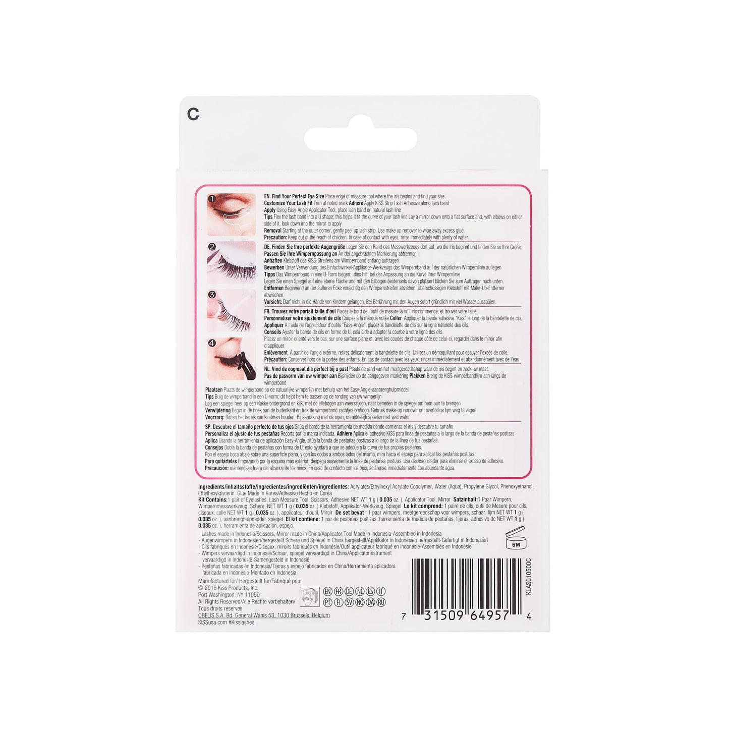 Kiss Lash-101 All-In-One False Eyelashes Kit for Beginners, Reusable Strip Lashes, Easy to Apply, 1 Pair 12 mm Fake Eyelashes, Measuring Tool, Scissors, Lash Adhesive, Applicator, & Mirror