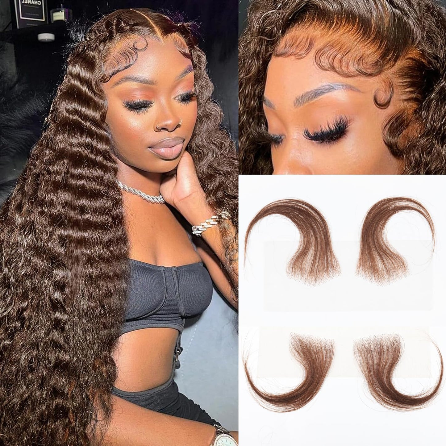 XRDDFL Fake Edges Real Human Hair Pieces HD Lace Front Wig - Chocolate Brown, 4 Pcs, Reusable Invisible Lace Hairline, 4# Colored Baby Hair Stripes