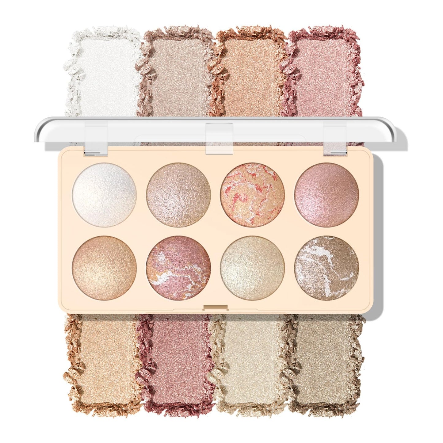 KYDA 8 Colors Baked Powder Palette, Mulitiuse Baked Powder for Eyeshadow Highlighter Contour, Lightweight Blendable, Buildable Glossy Color, Golden Luster