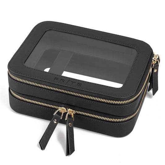 Prite Clear Makeup Bags Double Layer Cosmetic Bags with a Separate Brush Compartment Travel Makeup Bag for Women Travel Accessories Organizer for Purse(Black)