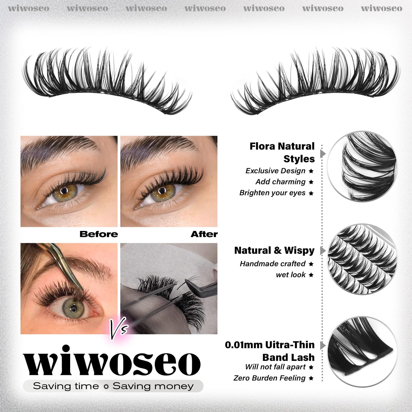 wiwoseo Flora Lash Clusters 10-14mm Flaunt Lash Clusters D Curl Short Lashes Clusters Wispy Individual Lashes Flaunt Lashes Clusters Short Eyelash Clusters Natural Lashes Cluster for Daily Makeup