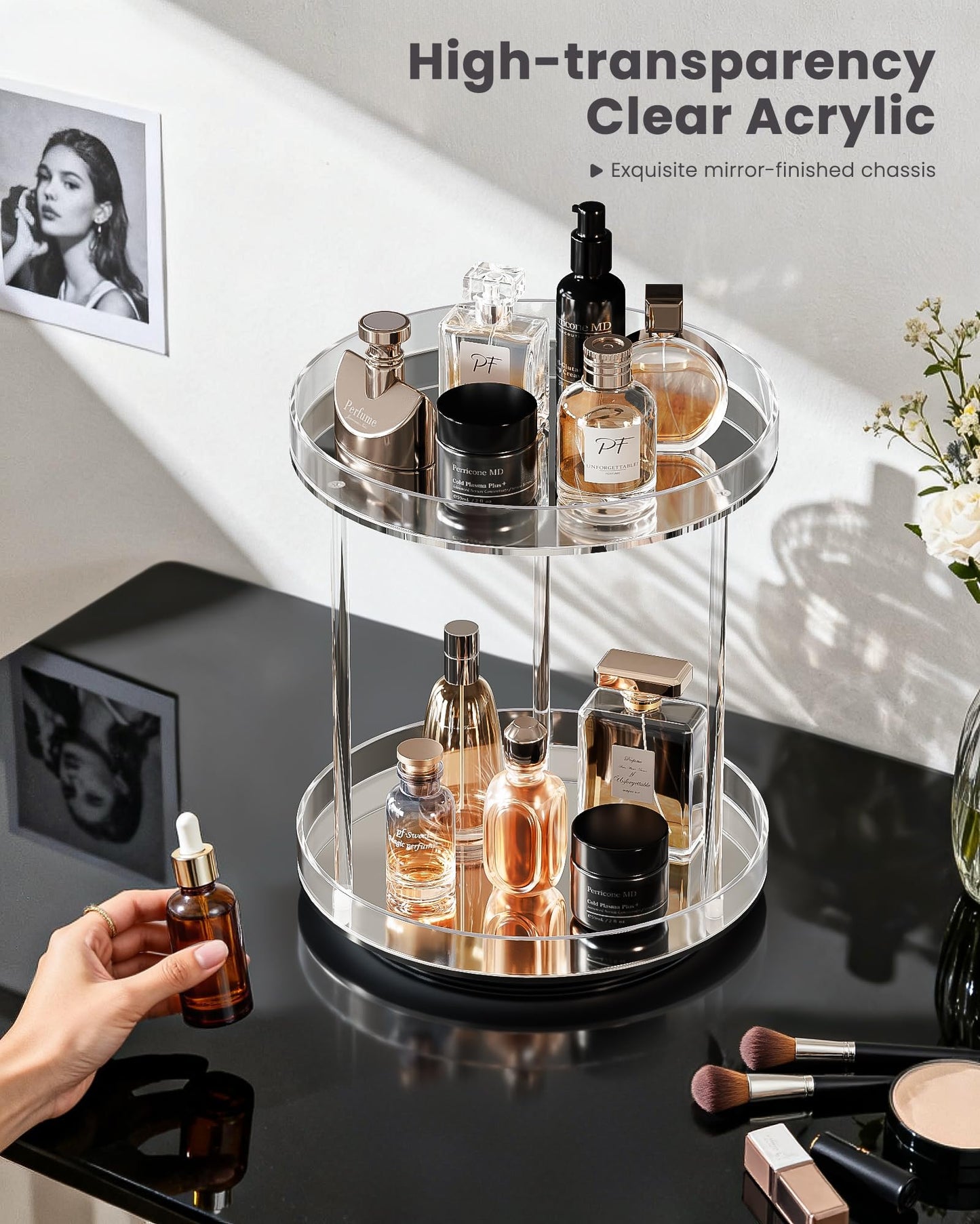Lolalet 360 Degree Rotating Acrylic Perfume Organizer Stand, 2 Tiers Clear Perfumes Holder Display Rack, Makeup Skincare Organization for Vanity Bathroom Countertop -Large, Clear