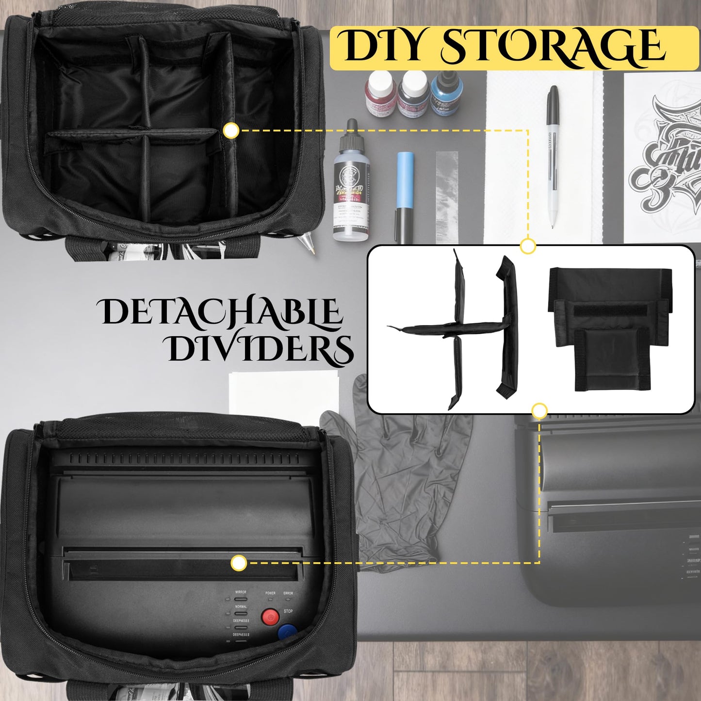 FURIMETY Large Tattoo Travel Case with 3 Inner Removable Pouches, Molle System Tattoo Bag for Equipment and Supplies, Tactical Tattoo Case with Shoulder Strap for Stencil Printer, Black