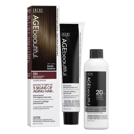 AGE beautiful Permanent Hair Color Dye Liqui Creme & Developer 20 Volume | 100% Gray Coverage | Anti-Aging | Biotin for Thicker, Fuller, Healthier Hair | 5N Medium Brown