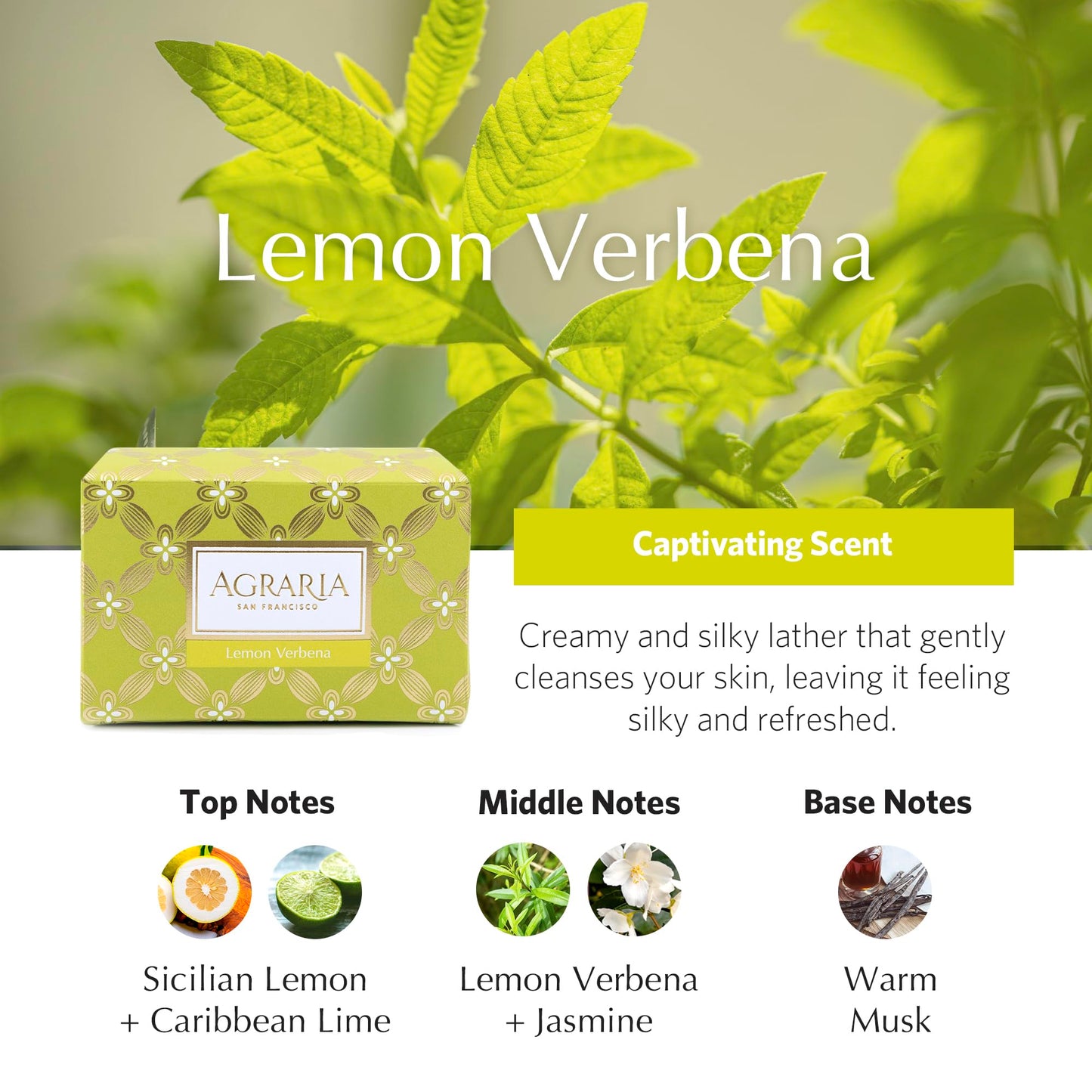 AGRARIA Luxury Bath Lemon Verbena Bar Soap, French Triple Milled Soap, Moisturizing Shea Butter & Kukui Oil Infused Gift for Men and Women, 8 oz
