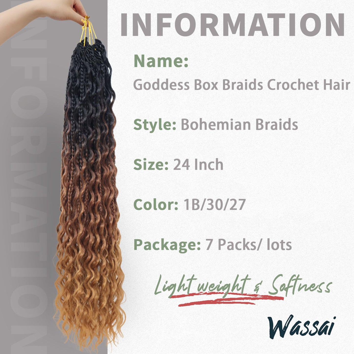 24 Inch Goddess Box Braids Crochet Hair 7 Packs Boho Braids Pre Looped Crochet Braids With Curly Ends Synthetic Bohemian Crochet Braiding Hair for Women, 1B/30/27