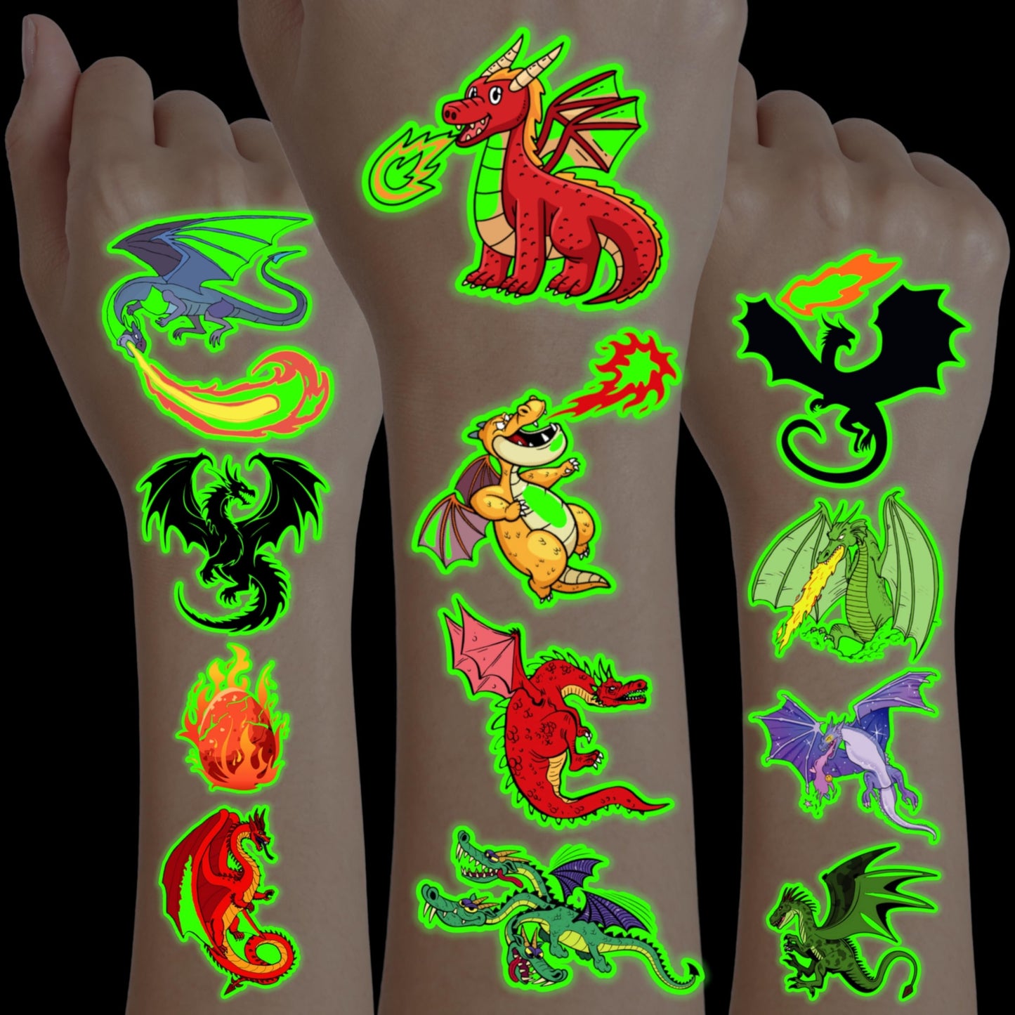 96PCS Dragon Pre-Cut Temporary Tattoos Birthday Party Supplies Favors Decorations Knight Dragon Super Cute Fake for Kids Boys Girls School Classroom Rewards Gifts Ideal Halloween (Glow in the Dark)