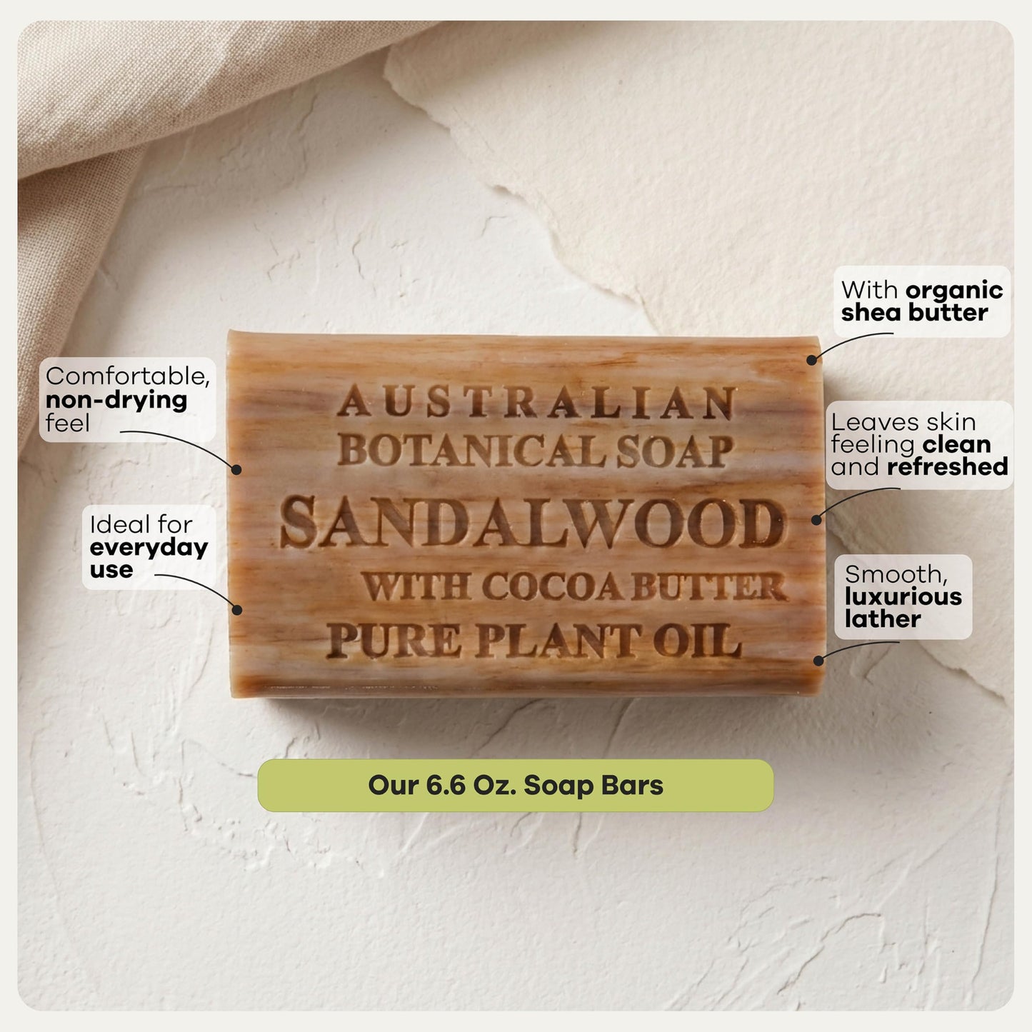 Australian Botanical Soap Sandalwood with Cocoa Butter – Triple Milled 6.6 oz Bar Soap with Shea Butter, Face Hand & Body Soap Bars, Pack of 6