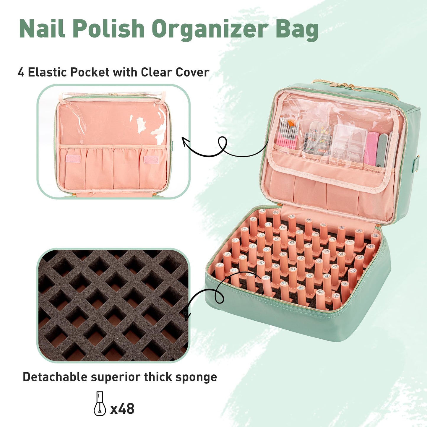 KGMCARE Nail Polish Organizer Bag, Nail Supplies Storage Holds 60 Bottles Nail Polish & Nail Lamp, Gel Nail Travel Carrying Case for Nail Kit Nail Tech (Green)