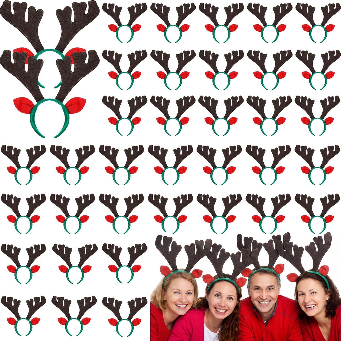 Zubebe 36 Pcs Christmas Reindeer Antlers Headband Xmas Deer Antlers Horns Headband with Ears Deer Decor (Red Brown,13.39 x 11.81 Inches)