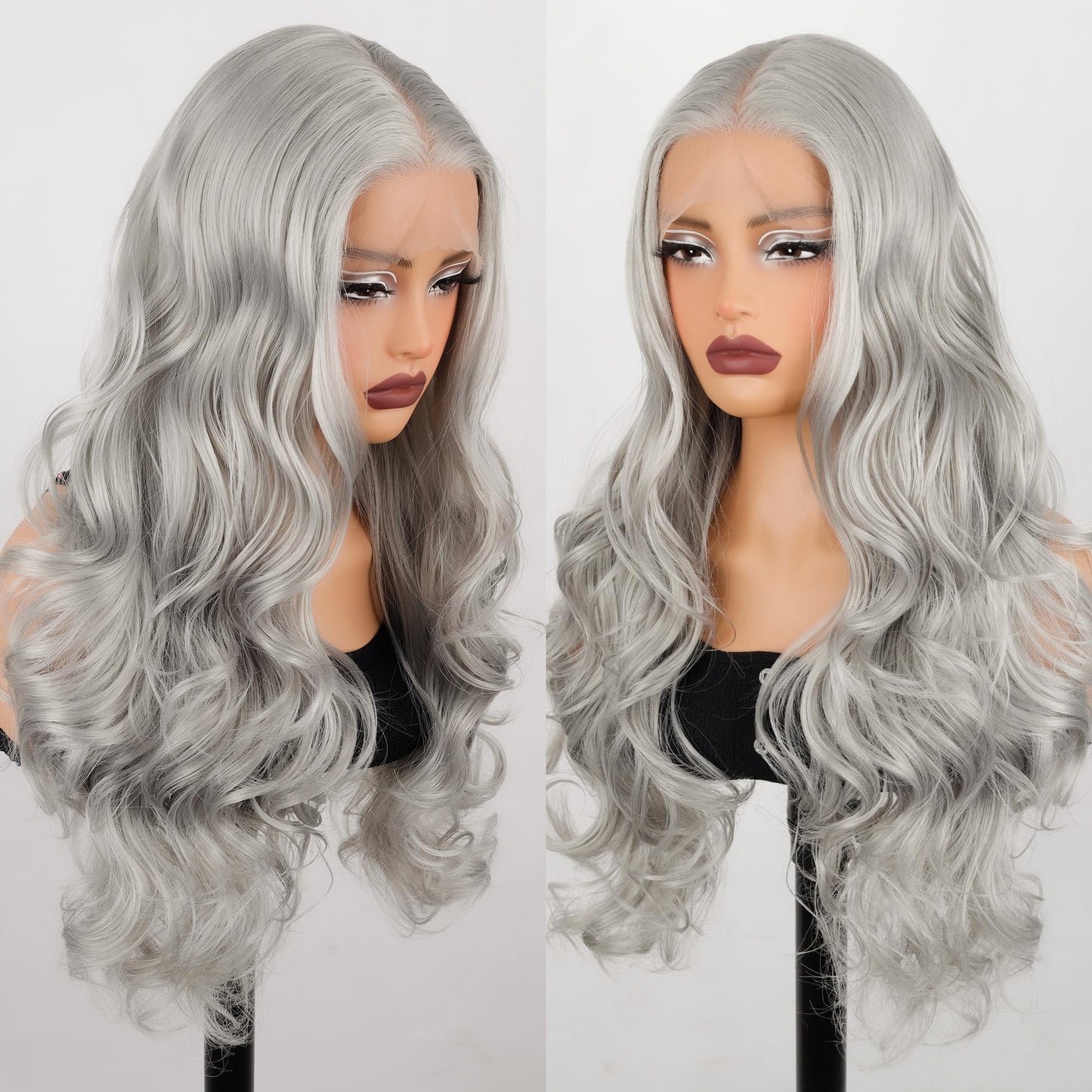 ZAVIDE Grey Body Wave Lace Front Wig Synthetic Platinum Silver Middle Part Transparent Lace Long Curly Wig For Women