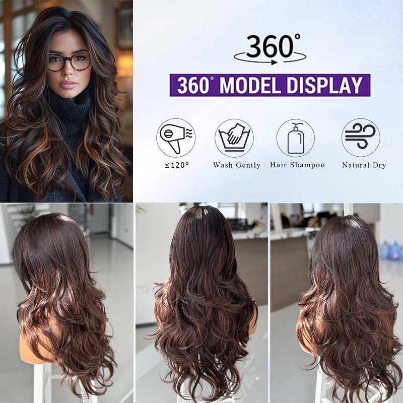 Aisaide Long Wavy Highlight Brown Layered Wig with Curtain Bangs for Black Women Synthetic Ombre Brown Layered Wig Long Wavy Highlight Blonde Shaggy for Women 24 inch