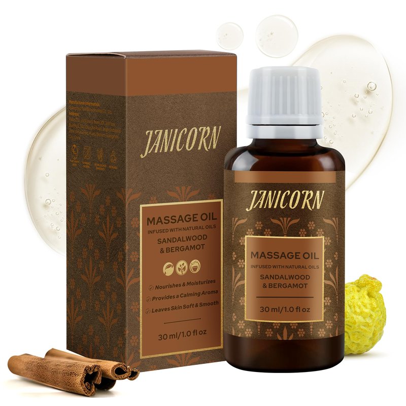 JANICORN Sandalwood & Bergamot Aromatherapy Massage Oil – Essential Oil Blend with Jojoba & Sweet Almond Oils, Lightweight & Fast-Absorbing Skin & Body Hydration, Woody-Citrus Aroma, 1 fl oz / 30 ml