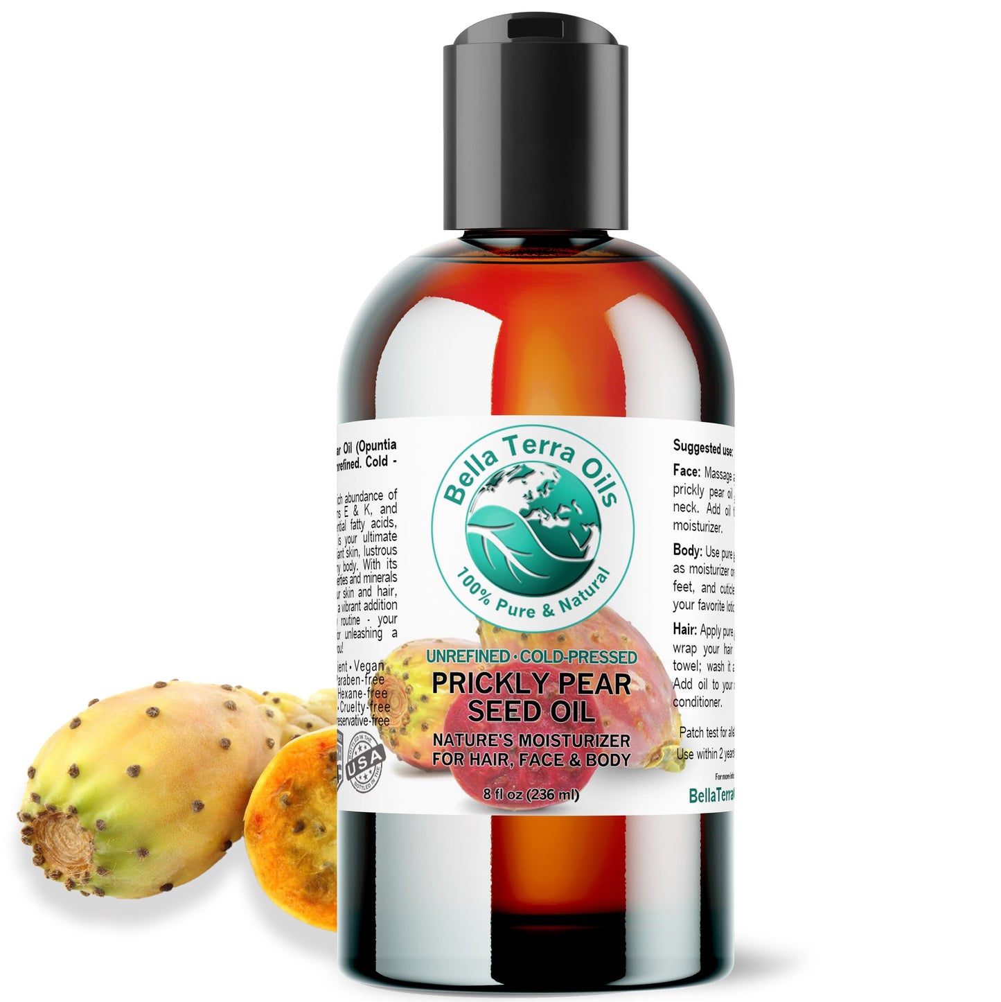 Bella Terra Oils - Prickly Pear Seed Oil 8 oz - Dive into the Richness of Cactus Oil, Bursting with Antioxidants & Minerals, Elevate Your Skin’s Vitality