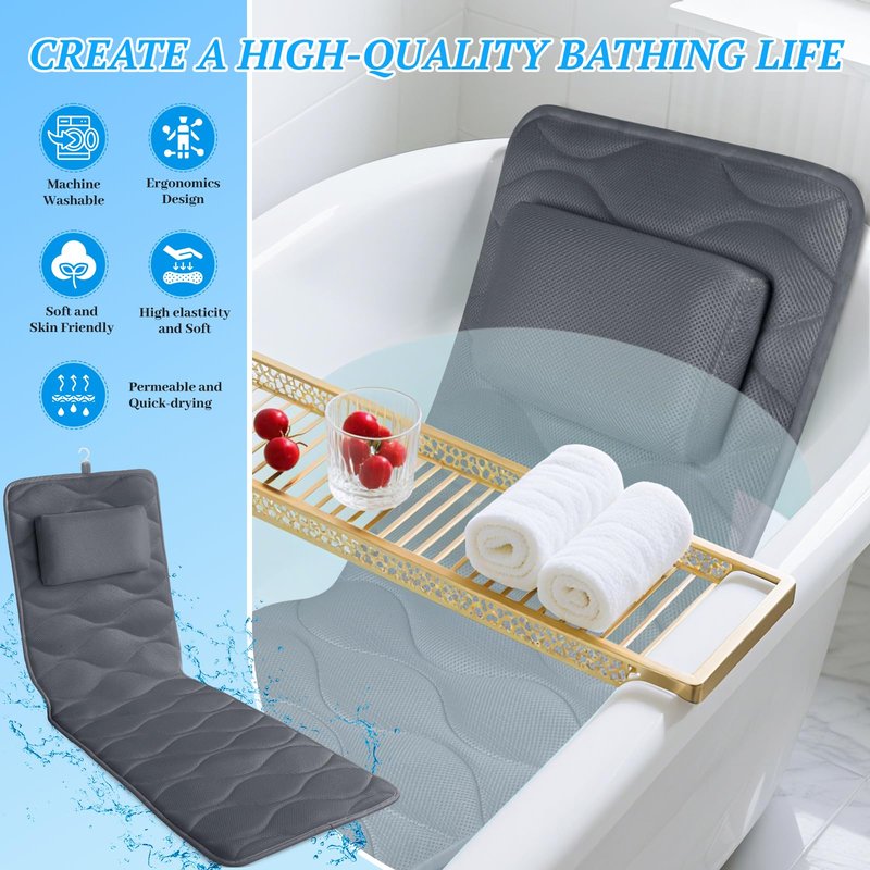 TranquilRelax Bath Pillow for Tub with Laundry Bag & 17 Non-Slip Suction Cups, Extra Thick and Soft Bathtub Pillow for Head, Neck & Shoulder Support, 56" x 16" Grey