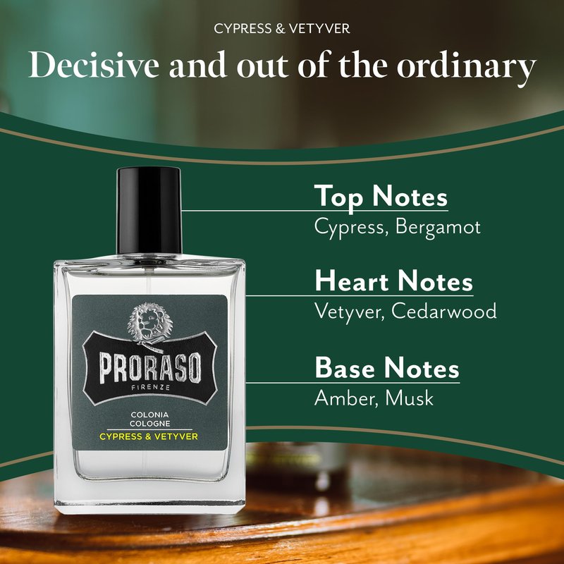 Proraso Cypress and Vetvyer Cologne - Masculine Woody Earthy Eau de Cologne - Bergamot, Cypress, Cedarwood & Vetiver Fragrance for Men - 3.4oz