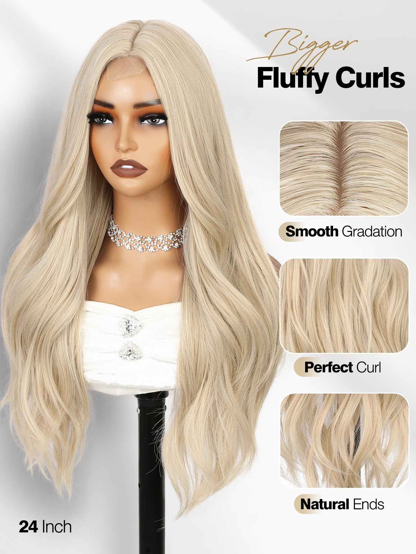 WIGER Mixed Blonde Long Wavy Wig Synthetic Middle Part Curly Wavy Layered Wig Glueless Heat Resistant Fiber Wig for Women Cosplay Party Christmas