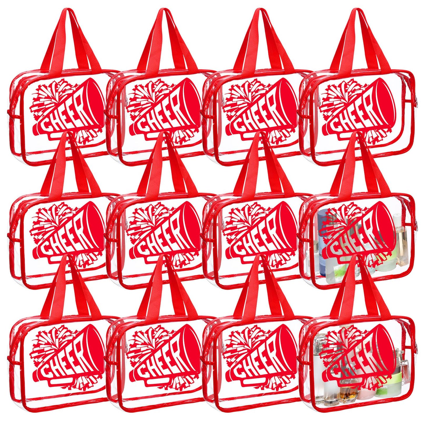 Kacctyen 12 Pcs Cheer Large Clear Toiletry Cosmetic Makeup Bag with Zipper and Handle Cheer Snack Bag Bulk for Team 12 x 9 x 4 Gift Bags Tote Pouch Cheerleading Teammates Party Supplies(Red)