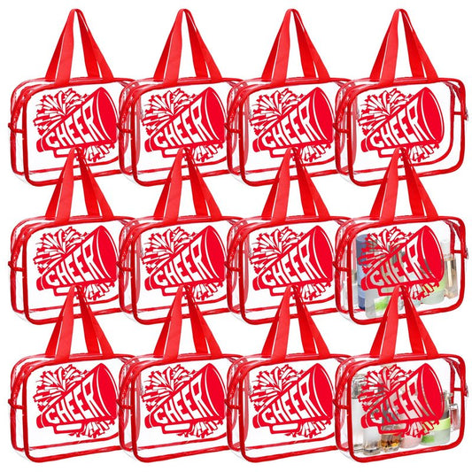 Kacctyen 12 Pcs Cheer Large Clear Toiletry Cosmetic Makeup Bag with Zipper and Handle Cheer Snack Bag Bulk for Team 12 x 9 x 4 Gift Bags Tote Pouch Cheerleading Teammates Party Supplies(Red)