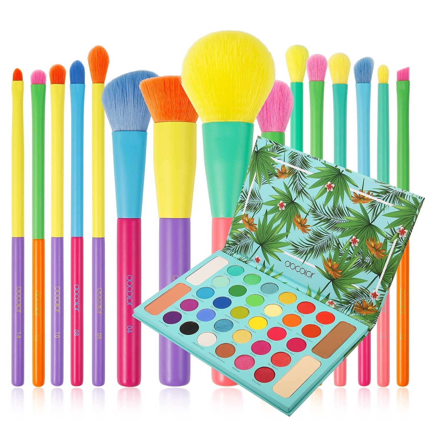 Docolor 15 Pcs Colourful Makeup Brush Set + 34 Colors Tropical Eeyshadow Palette Pigmented Matte Shimmer Metallic Blendable Soft Cream Powder Makeup Eye Shadow Palettes for Christmas Gift