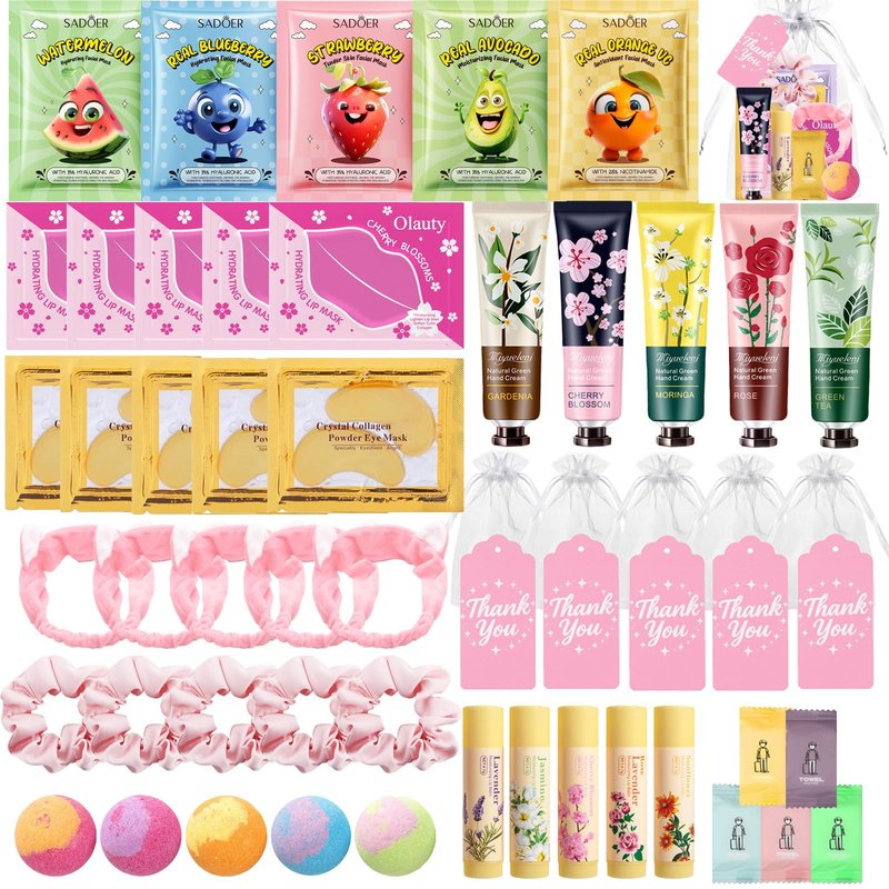 55Pcs Spa Party Supplies for Girls,Spa Party Favors Skincare Fruit Face Masks,Lip Masks,Eye Patches,Hand Cream,Lip Balm,Thank You Gifts,Spa Birthday Sleepover Party Supplies for Women