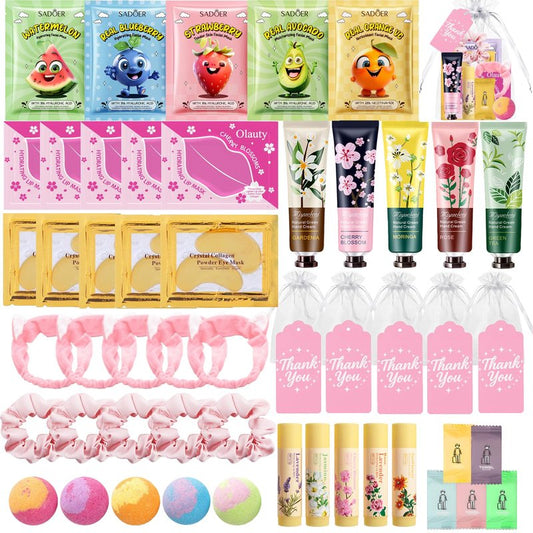 55Pcs Spa Party Supplies for Girls,Spa Party Favors Skincare Fruit Face Masks,Lip Masks,Eye Patches,Hand Cream,Lip Balm,Thank You Gifts,Spa Birthday Sleepover Party Supplies for Women