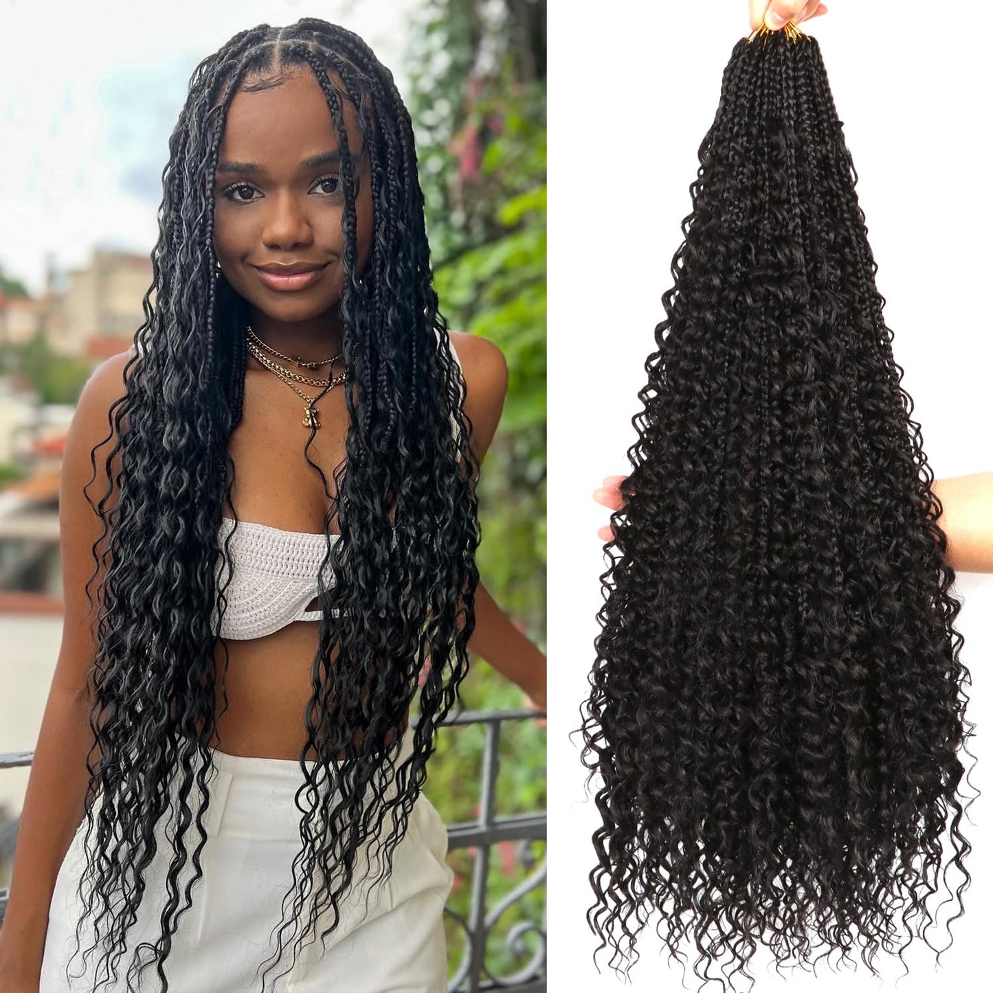 Goddess Box Braids Crochet Hair for Black Women-8 Packs 30 Inch Boho Crochet Braids Pre Looped with Curly Ends (1B Black, 30 inch(four curly hair))
