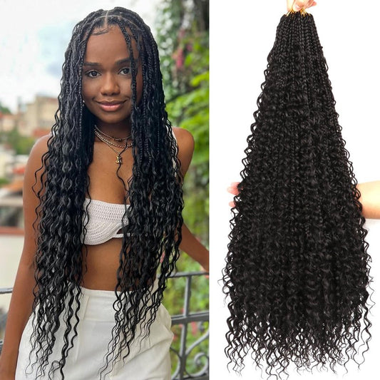 Goddess Box Braids Crochet Hair for Black Women-8 Packs 30 Inch Boho Crochet Braids Pre Looped with Curly Ends (1B Black, 30 inch(four curly hair))