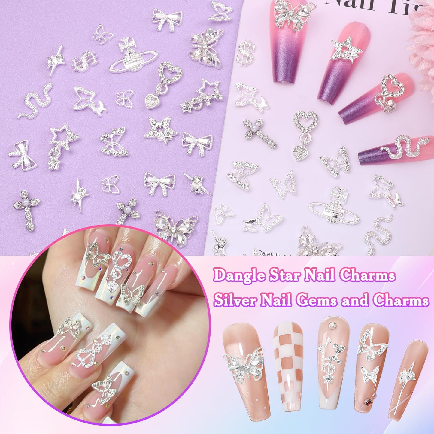 Silver Nail Charms, 320 Pcs Cross Dangle Star 3D Alloy Nail Gems and Charm, Butterfly Bows Star Planet Nail Art Charms, Silver Nails Rivets Charms for Nails DIY Design Y2K Supplies