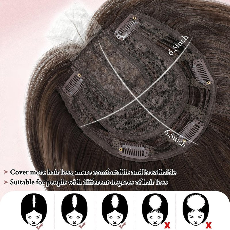 Megito Hair Topper 12inch Clip in Synthetic Hair Toppers for Women with Thinning Hair Layered 6.5"X6.5" Big Base Toppers Hair Pieces for Women Natural Look Brown with Highlights