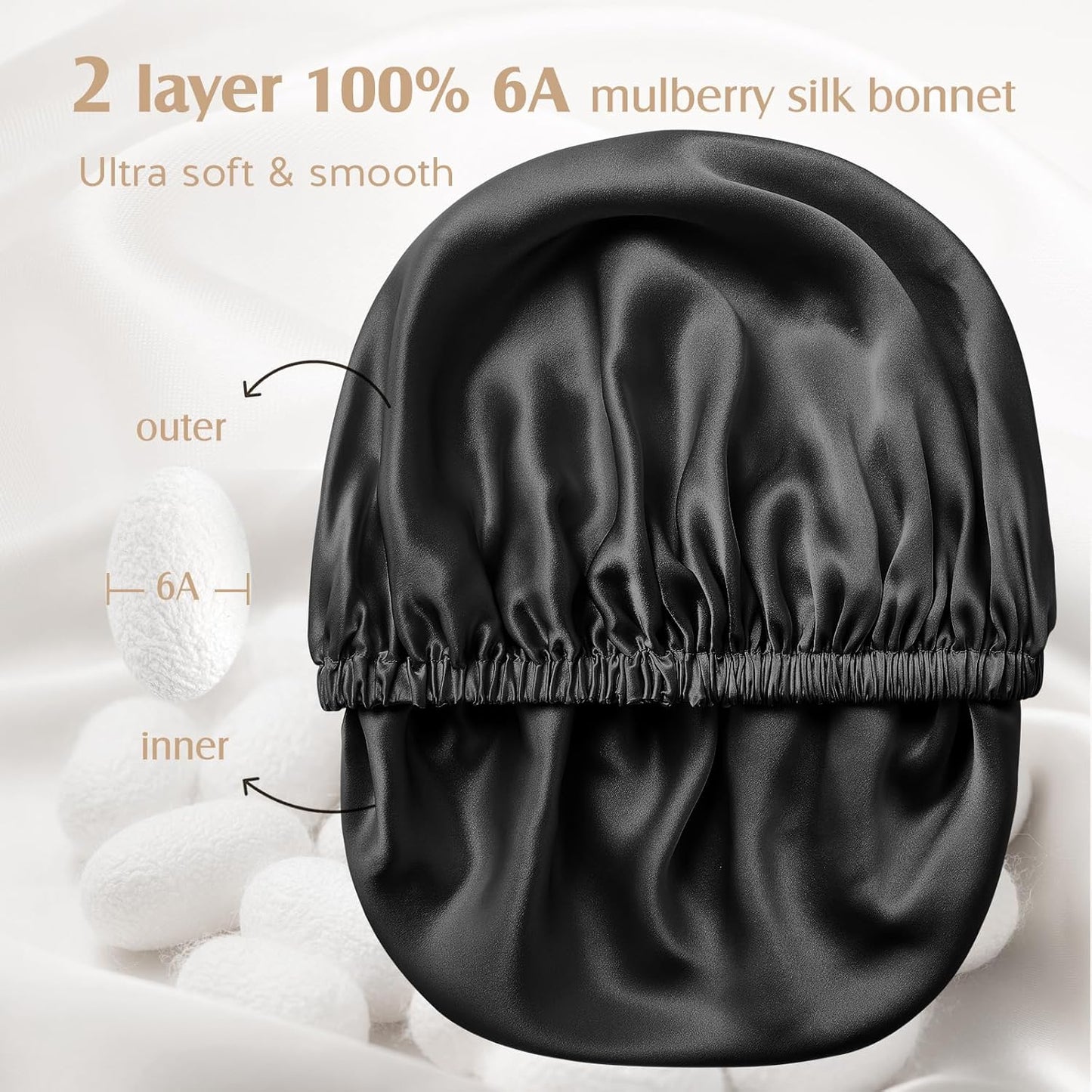 Double Layered 100% Silk Bonnet for Women - 22 Momme Mulberry Silk Sleep Cap | Adjustable Elastic, Reduces Frizz (Black, XL)